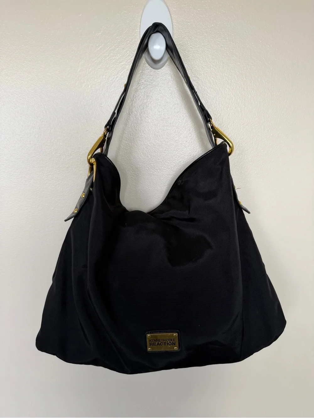 KENNETH COLE REACTION Black Canvas Large Hobo Shoulder Bag with Gold Accents